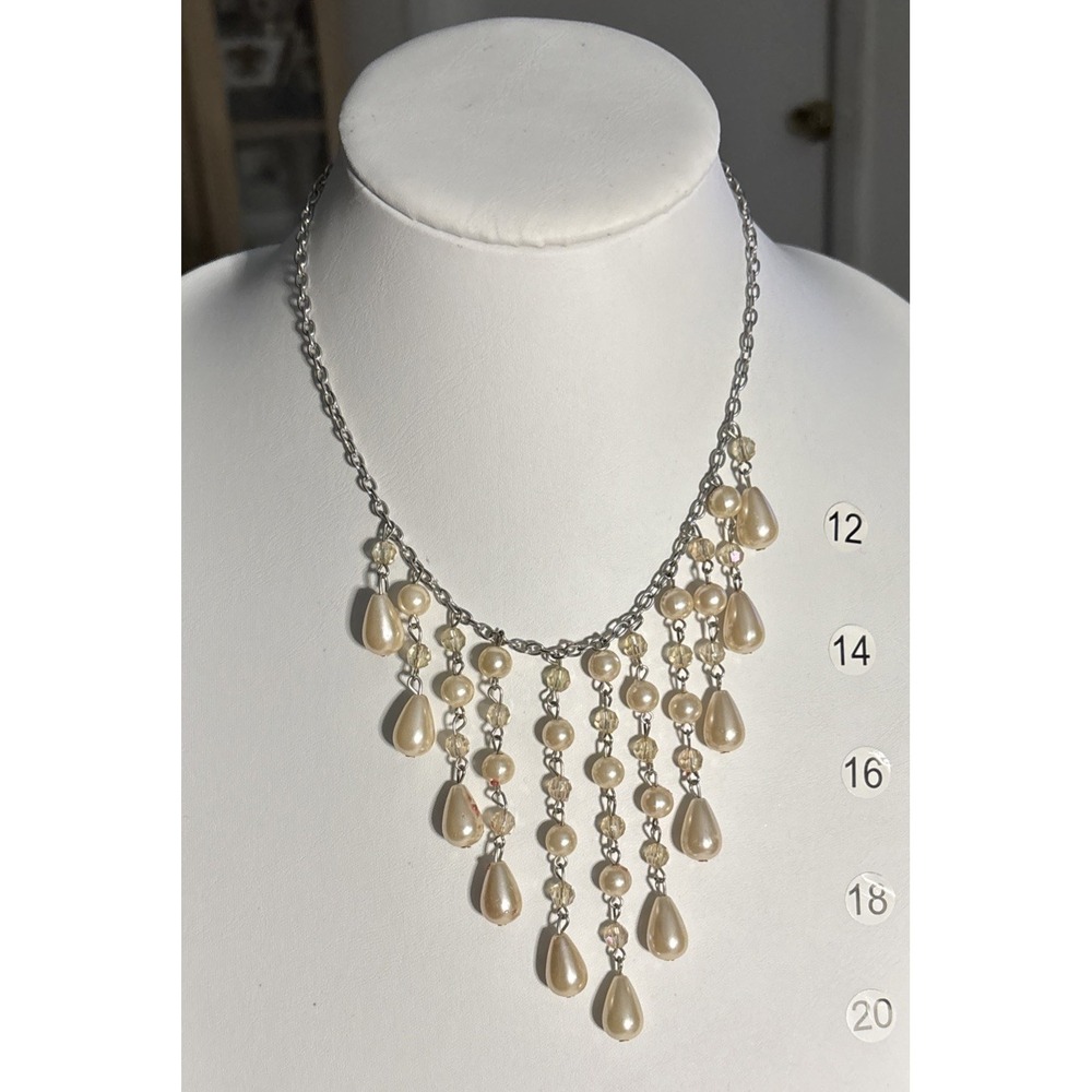 Faux Pearl Teardrop Beaded Bib Necklace Silver Tone Dangle Fringe Bridal